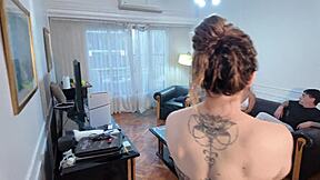 girlfriend's cousin teases my cock until i explode and fuck her hard right in front of her!