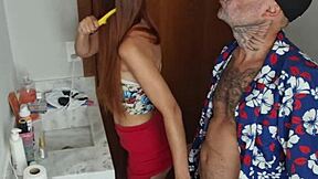 skinny redhead submissive in pantyhose gets bathroom worship from old maduro