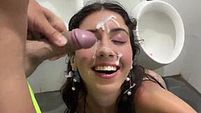 Skinny Teen Gets Facial Cumshot in Public Locker Room Then Cumwalks Waterfall