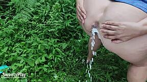 Chubby bbw mature bends over in public park for huge anal enema gaping wet pussy