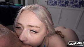 Pretty blonde Eva Nyx deepthroats cock for huge facial load