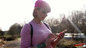 GERMAN SCOUT FRENCH BLONDE WITH HUGE TITS AND BIG CLIT BENT OVER FOR ROUGH CASTING CREAMPIE!