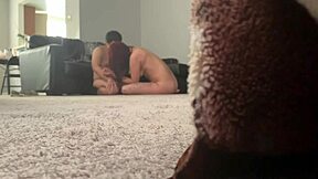 room 215's fiery redhead babe caught on hidden cam giving sneaky blowjob