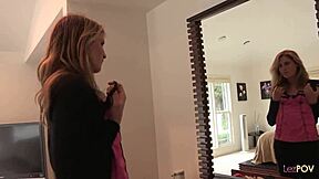 Blonde lesbian sneaks in eats brunette's ass fingers pussy then face sits trimmed muff