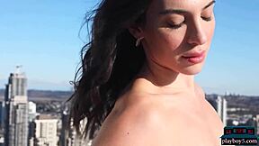 Greek Milf Xris Kovtos Strips Lingerie Poses Nude on Balcony in Stockings