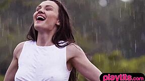 Petite Ukrainian Milf Rips Clothes Off in Pouring Rain, Baring Bubble Butt and Natural Tits for All!