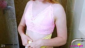 Bright-Eyed Blonde Enters Shower for Petite Lesbian Massage Interview.