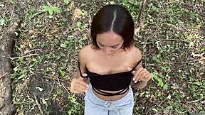 my girlfriend's forest blowjob ends with hot cum tongue kiss and swallow