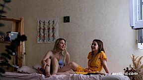 hey these hot lesbian babes strap on and fuck shaved pussies turn by turn