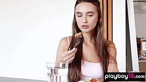 busty ukrainian babe gloria sol strips hot on table!