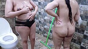 pakistani lesbian milfs shower bathing bodies together after sex