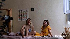 hey these hot lesbian babes strap on and fuck shaved pussies turn by turn