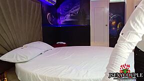 Colombian babe in miniskirt calls hotel bellboy for bdsm toys lesson, ends handcuffed doggystyle swallowing cum