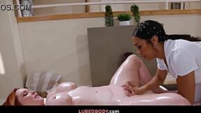 Pawg Redhead Oiled Ass Grinds Lesbian On Massage Desk Interracially