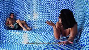 exploding with lust as big ass colombian milf rides young cock in sauna