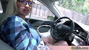 dude my busty stepmom elena with glasses sucked my cock in car pov handjob
