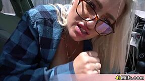 dude my busty stepmom elena with glasses sucked my cock in car pov handjob