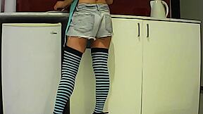 latina brunette wanna eat that banana then suck big cock in kitchen?