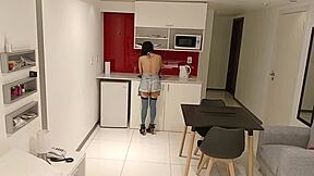 latina brunette wanna eat that banana then suck big cock in kitchen?