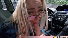 dude my busty stepmom elena with glasses sucked my cock in car pov handjob