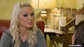 blonde promises secrecy while licking brunette's hairy pussy in lesbian 69 face sitting