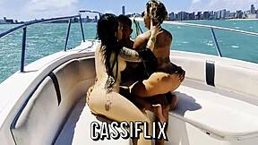 latina strips bikini on boat rides huge cock cowgirl till creampie fill