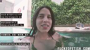 submissive couple helen star gives oral underwater with vibrator at pool