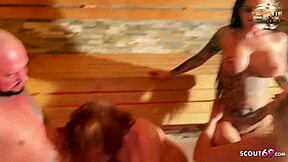 Real German 18+ teen Snowwhite takes FFFM gangbang in p-club sauna monster cocks pounding