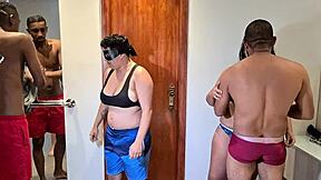Lesbian couple films their first porn backstage, fucking two friends in motel orgy with cum swallows