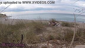 French teacher slut flashes small tits on nude beach, sucks stranger's monster cock publicly with cumshot