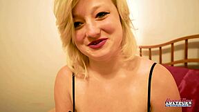 busty petite blonde 18+ chokes on cock then rides wild cum craving