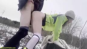 he pounds his horny girlfriend deep in snowy public spot