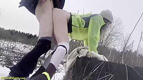 he pounds his horny girlfriend deep in snowy public spot