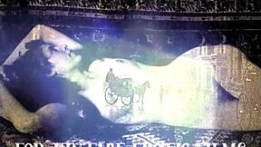 Vintage milf mommy bares hairy beaver and natural tits in retro nature scene.