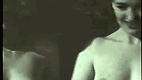 Vintage milf mommy bares hairy beaver and natural tits in retro nature scene.