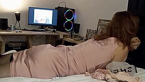 White Slut in Satin Dress Thong Stockings Heels Bent Over for Doggy Blowjob Rimjob Pussy Lick