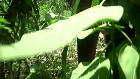 skinny african tribe girl squats in forest making traditional medicine with her pussy skills outdoors.