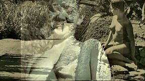 Vintage milf mommy bares hairy beaver and natural tits in retro nature scene.