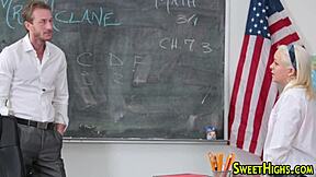 Tiny Teenager Swallows Monster Cock Cum on Desk in Classroom Uniform!