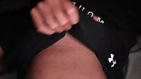Who's stroking that massive cock harder in tight gym clothes with moans?