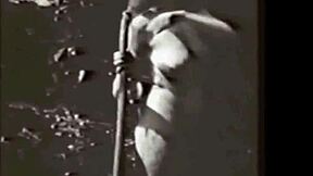 Vintage milf mommy bares hairy beaver and natural tits in retro nature scene.