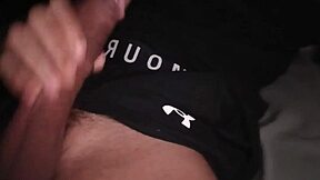 Who's stroking that massive cock harder in tight gym clothes with moans?