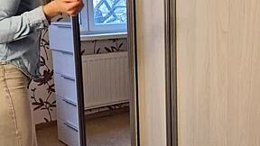 Stuck in wardrobe, skinny neighbor gives me intense blowjob on her knees