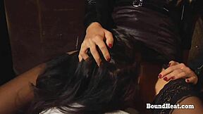 Naughty slave kneels to lick madame's pussy eagerly