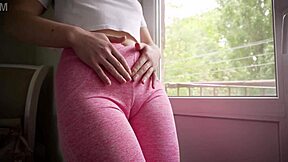 naughty stepsis teases with her bulging cameltoe pussy lips stretching those tight yoga pants at the gym