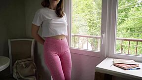 naughty stepsis teases with her bulging cameltoe pussy lips stretching those tight yoga pants at the gym