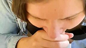 Stuck in wardrobe, skinny neighbor gives me intense blowjob on her knees