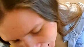 Stuck in wardrobe, skinny neighbor gives me intense blowjob on her knees