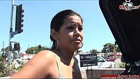 Skinny black haired latina teen slut with small tits picked up street cum