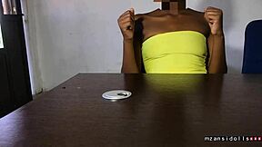 Ebony teen babe with saggy tits and big pussy lips fucked hard at work